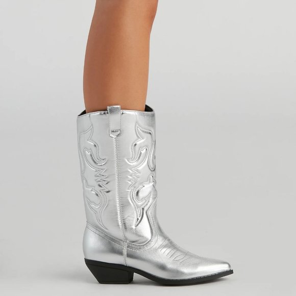 NEW🔥 Silver Pointed Toe Pull-On Mid-Calf Cowboy Cowgirl Western Boot Block Heel - Picture 4 of 6